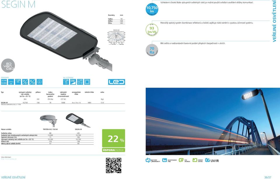 VEŘEJNÉ OSVĚTLENÍ výstupní světelný příkon index náhradní energetická silniční třída váha barevného teplota třída podání chromatičnosti () (W) CRI () CCT (K) (kg) SEGIN M 10,0 138 70 5000 A++ / A+ /