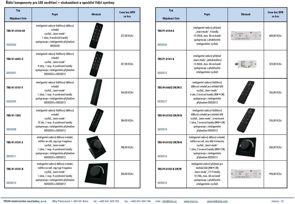 8A na kanál spolupracuje s předchozími inteligentními vysílači 838,00 Kč/ks TRE-V1-0401-Z 00203207 inteligentní radiový tlačítkový dálkový ovladač vysílač, learn mode 4 zóny, 1 resp.