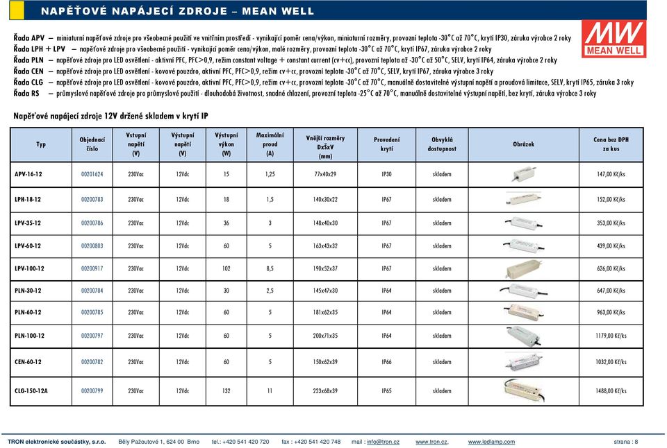 Řada PLN napěťové zdroje pro LED osvětlení - aktivní PFC, PFC>0,9, režim constant voltage + constant current (cv+cc), provozní teplota až -30 C až 50 C, SELV, krytí IP64, záruka výrobce 2 roky Řada