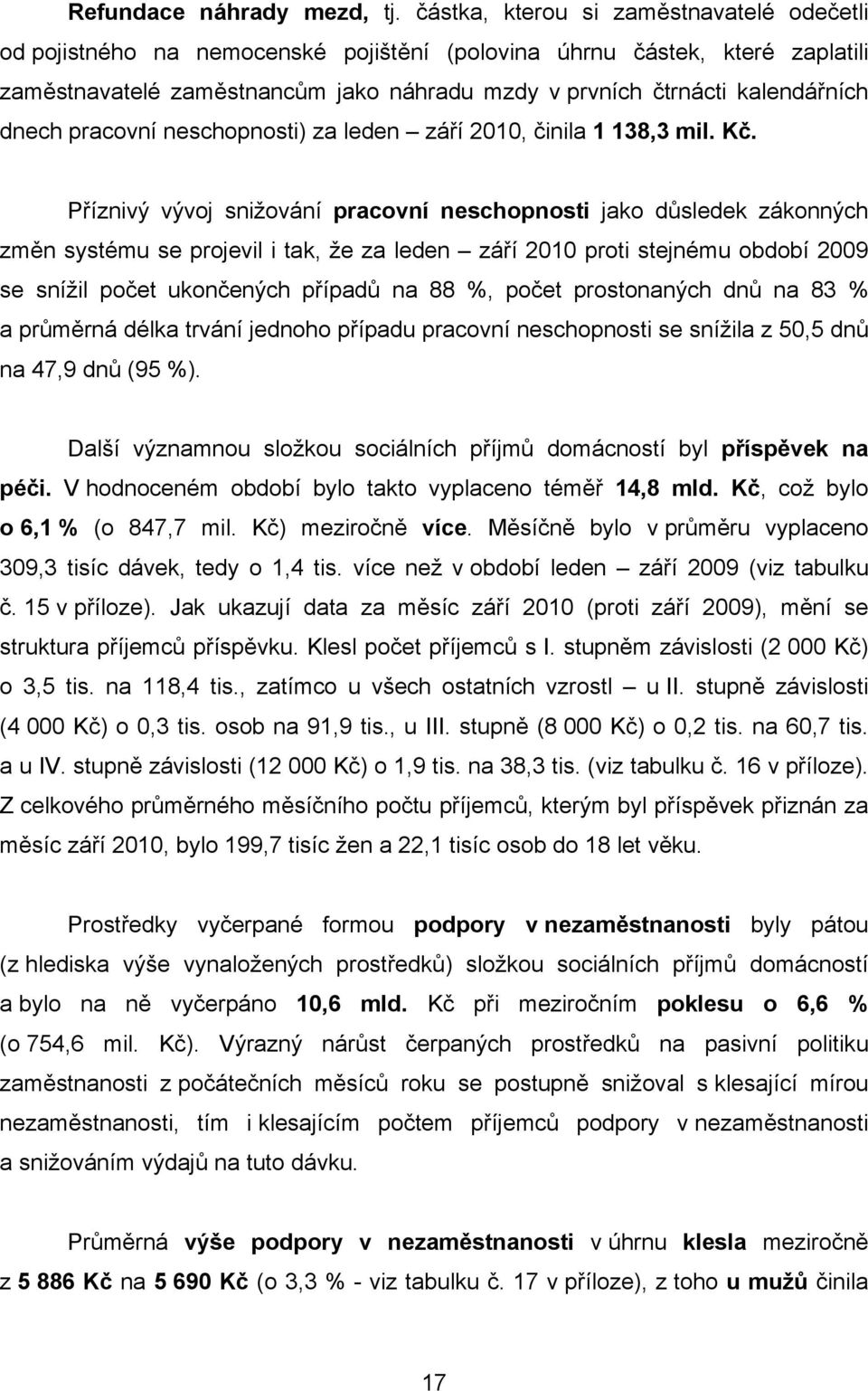 dnech pracovní neschopnosti) za leden září 2010, činila 1 138,3 mil. Kč.