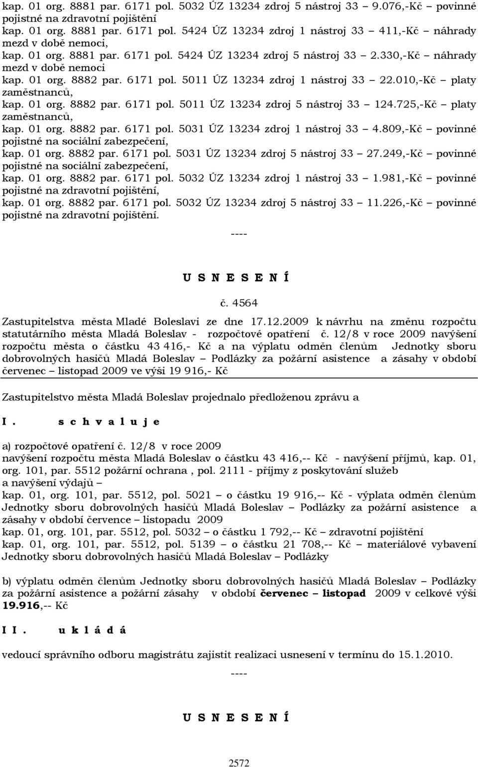 01 org. 8882 par. 6171 pol. 5011 ÚZ 13234 zdroj 5 nástroj 33 124.725,-Kč platy zaměstnanců, kap. 01 org. 8882 par. 6171 pol. 5031 ÚZ 13234 zdroj 1 nástroj 33 4.