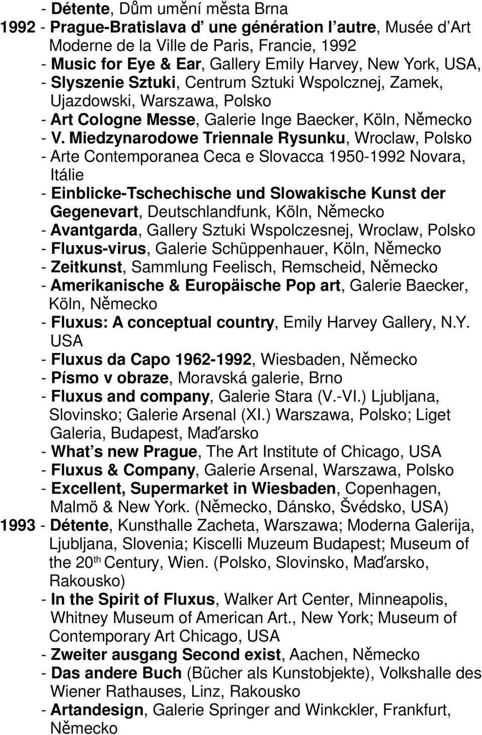 Miedzynarodowe Triennale Rysunku, Wroclaw, Polsko - Arte Contemporanea Ceca e Slovacca 1950-1992 Novara, Itálie - Einblicke-Tschechische und Slowakische Kunst der Gegenevart, Deutschlandfunk, Köln, -