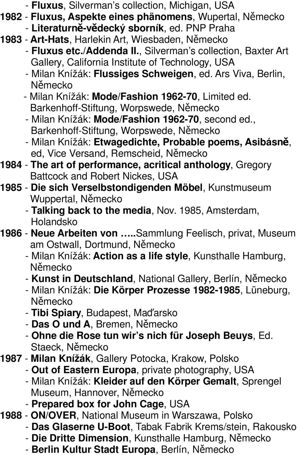 Ars Viva, Berlin, - Milan Knížák: Mode/Fashion 1962-70, Limited ed. Barkenhoff-Stiftung, Worpswede, - Milan Knížák: Mode/Fashion 1962-70, second ed.