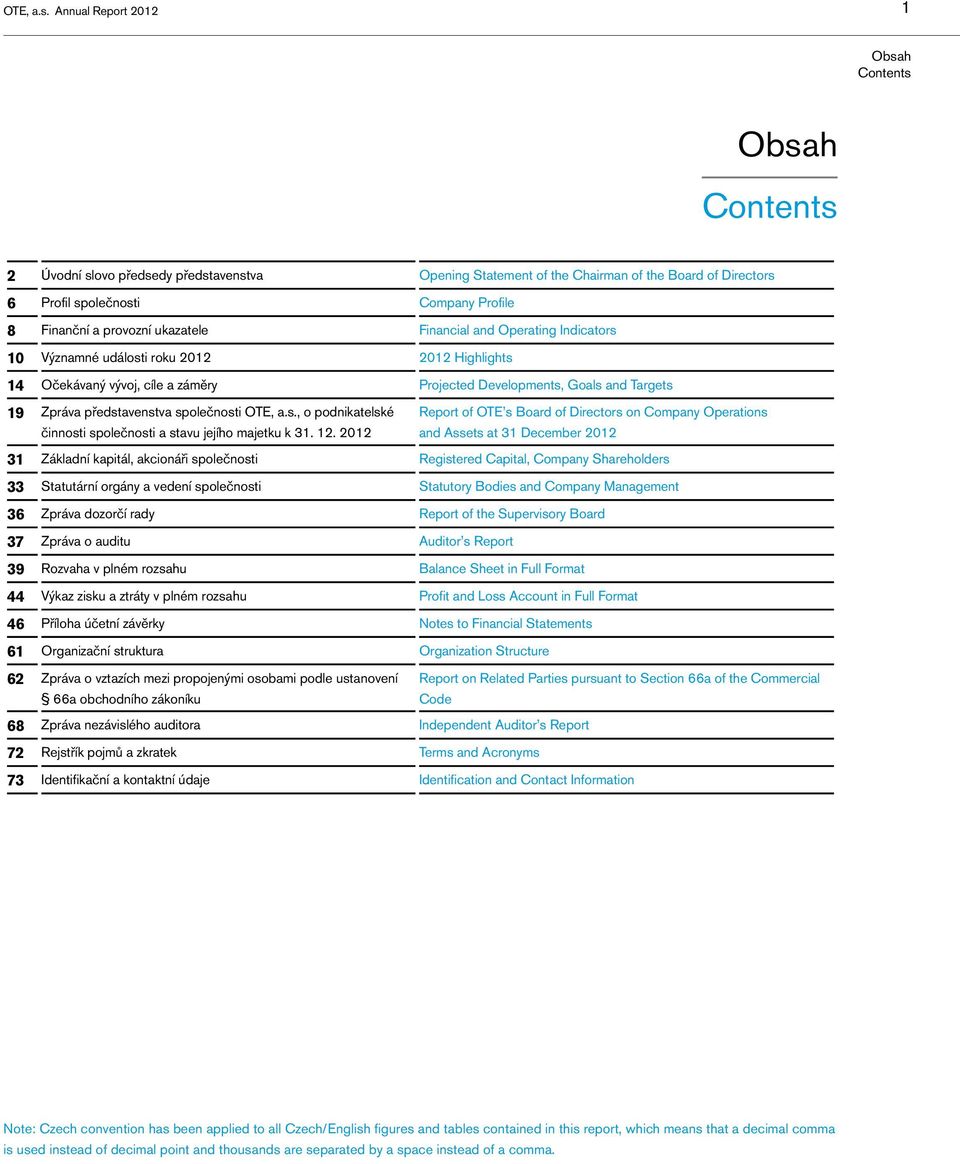 provozní ukazatele Financial and Operating Indicators 10 Významné události roku 2012 2012 Highlights 14 Očekávaný vývoj, cíle a záměry Projected Developments, Goals and Targets 19 Zpráva