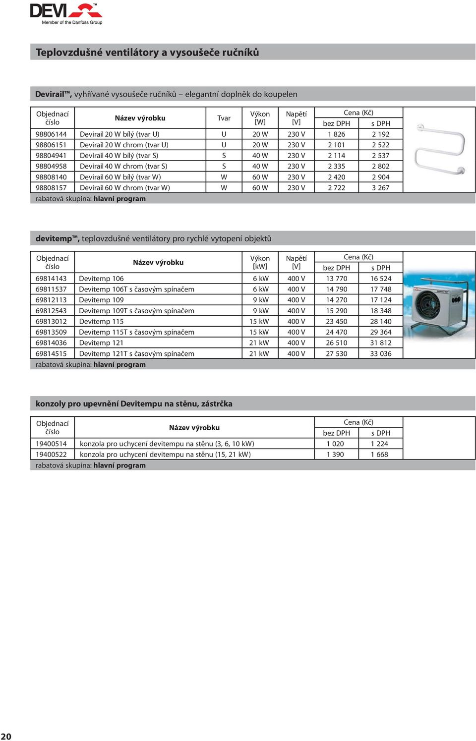 W bílý (tvar W) W 60 W 230 V 2 420 2 904 98808157 Devirail 60 W chrom (tvar W) W 60 W 230 V 2 722 3 267 devitemp, teplovzdušné ventilátory pro rychlé vytopení objektů 69814143 kw 6 kw Napětí V 400 V