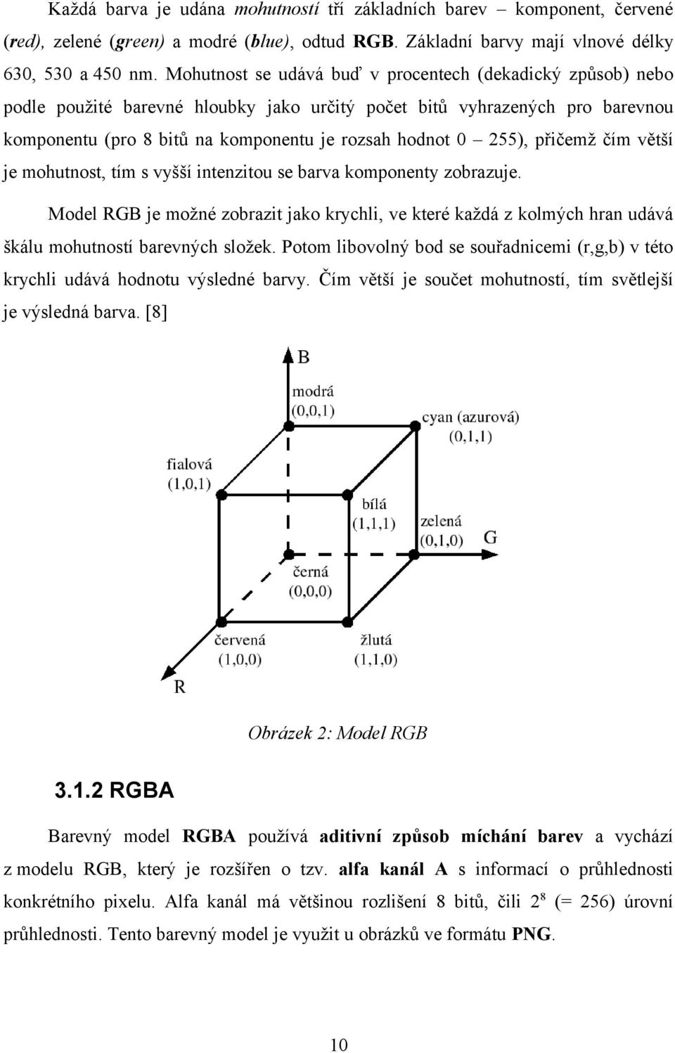 přičemž čím větší je mohutnost, tím s vyšší intenzitou se barva komponenty zobrazuje. Model RGB je možné zobrazit jako krychli, ve které každá z kolmých hran udává škálu mohutností barevných složek.