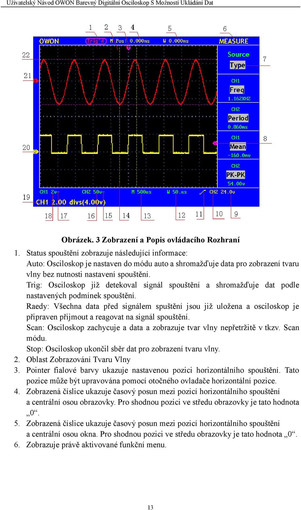 Trig: Osciloskop již detekoval signál spouštění a shromažďuje dat podle nastavených podmínek spouštění.