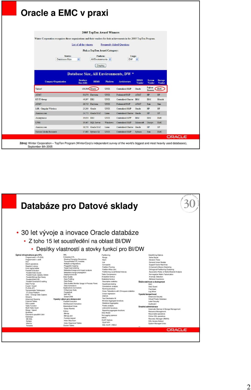 Programování v PL/SQL Programování v Jav OCI BULK operations Regulerní výrazy Error loging tables Paralell Execution Parallel Index Scans Parallel Insert, Update, Delete Parallel Bitmap Star Query