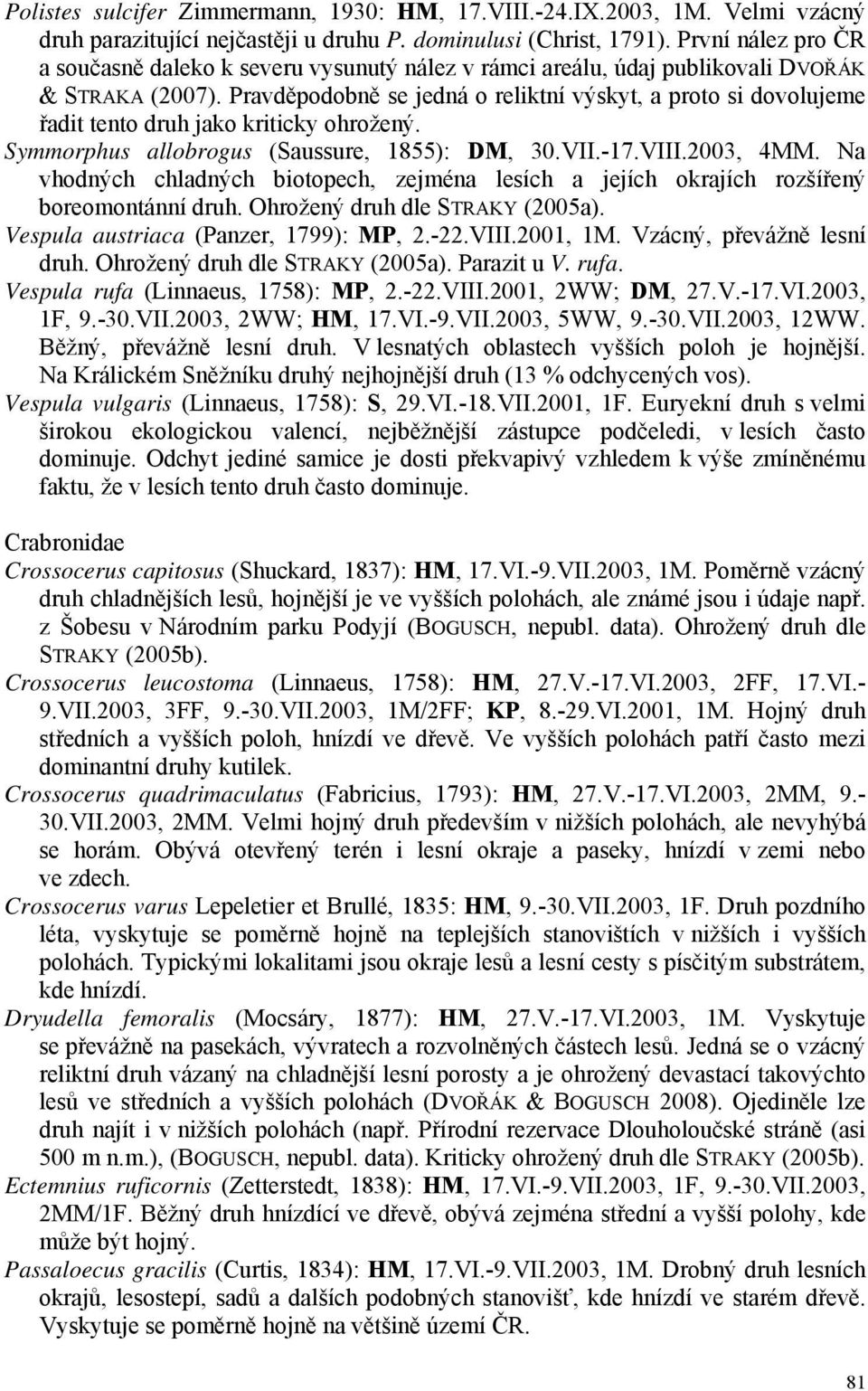 Pravděpodobně se jedná o reliktní výskyt, a proto si dovolujeme řadit tento druh jako kriticky ohrožený. Symmorphus allobrogus (Saussure, 1855): DM, 30.VII.-17.VIII.2003, 4MM.