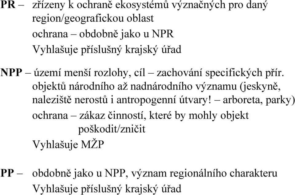 objektů národního až nadnárodního významu (jeskyně, naleziště nerostů i antropogenní útvary!