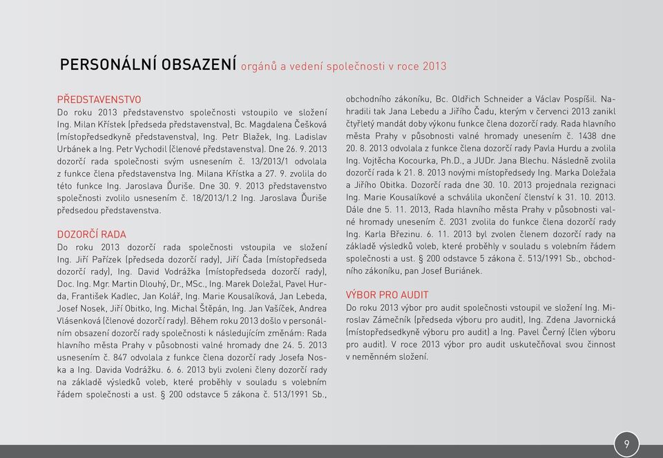 13/2013/1 odvolala z funkce člena představenstva Ing. Milana Křístka a 27. 9. zvolila do této funkce Ing. Jaroslava Ďuriše. Dne 30. 9. 2013 představenstvo společnosti zvolilo usnesením č. 18/2013/1.