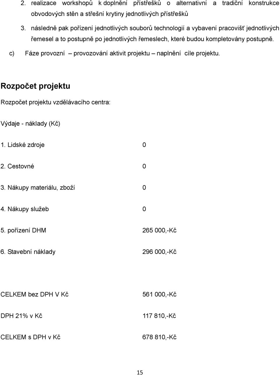 c) Fáze provozní provozování aktivit projektu naplnění cíle projektu. Rozpočet projektu Rozpočet projektu vzdělávacího centra: Výdaje - náklady (Kč) 1. Lidské zdroje 0 2.