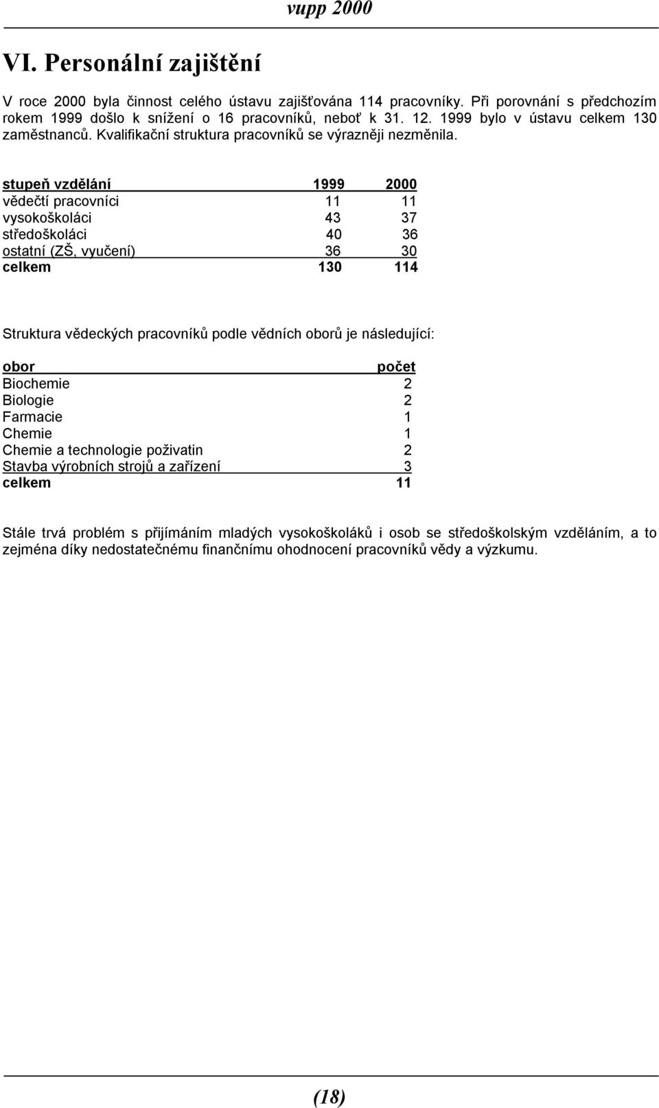 stupeň vzdělání 1999 2000 vědečtí pracovníci 11 11 vysokoškoláci 43 37 středoškoláci 40 36 ostatní (ZŠ, vyučení) 36 30 celkem 130 114 Struktura vědeckých pracovníků podle vědních oborů je