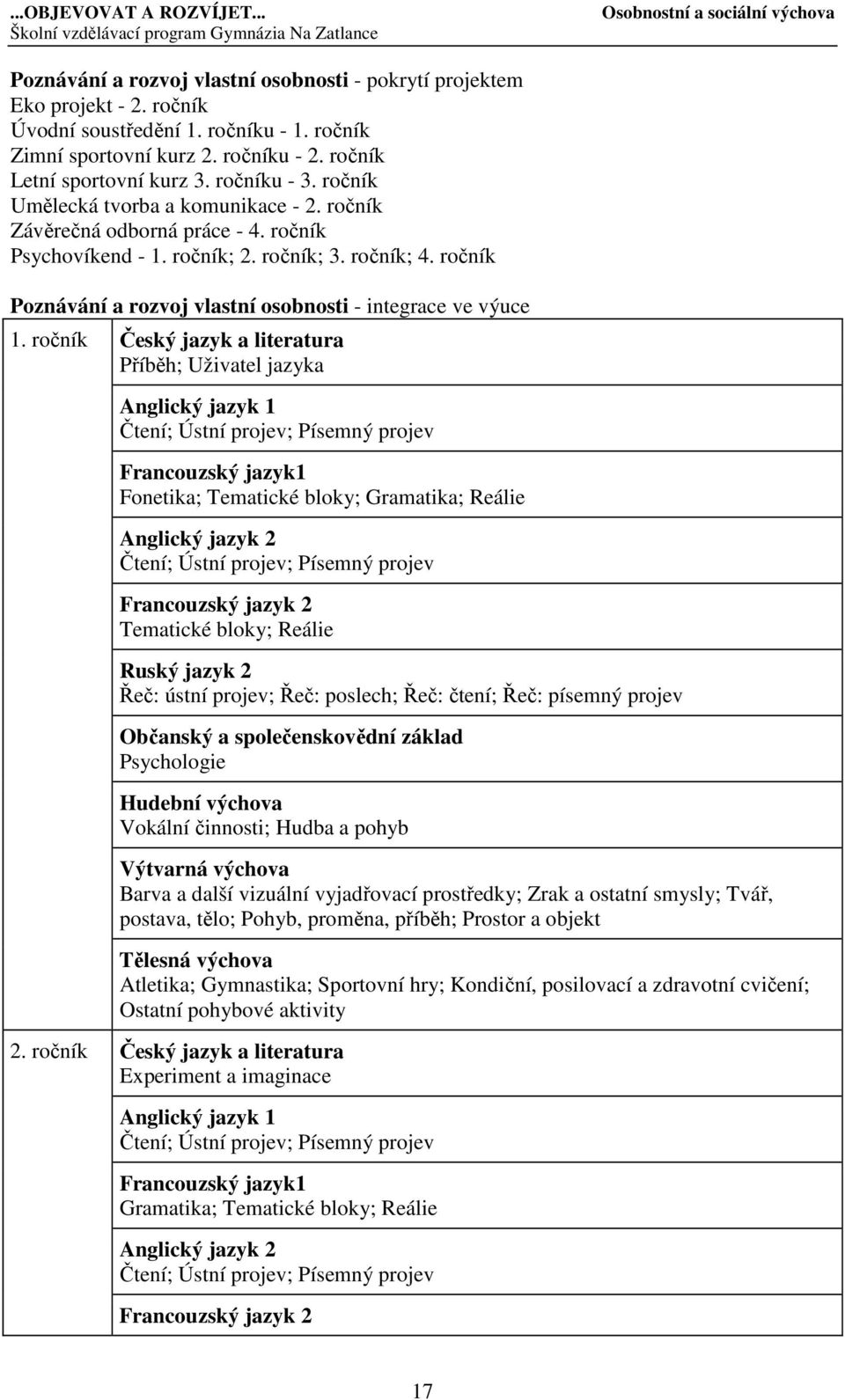 ročník Poznávání a rozvoj vlastní osobnosti - integrace ve výuce 1. ročník 2.