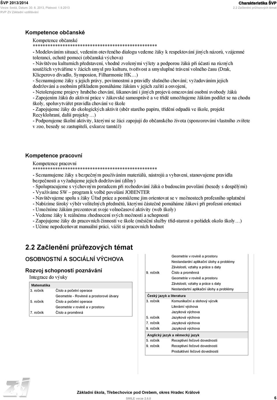 jiných názorů, vzájemné toleranci, ochotě pomoci (občanská výchova) - Návštěvou kulturních představení, vhodně zvolenými výlety a podporou žáků při účasti na různých soutěžích vytváříme v žácích