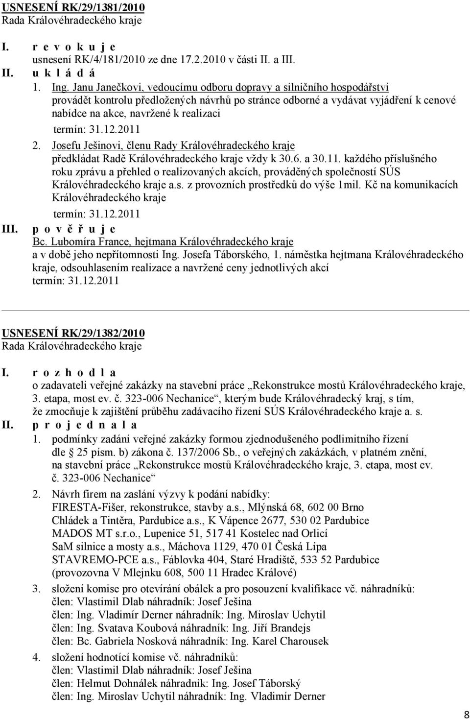 31.12.2011 2. Josefu Ješinovi, členu Rady Královéhradeckého kraje předkládat Radě Královéhradeckého kraje vždy k 30.6. a 30.11. každého příslušného roku zprávu a přehled o realizovaných akcích, prováděných společností SÚS Královéhradeckého kraje a.