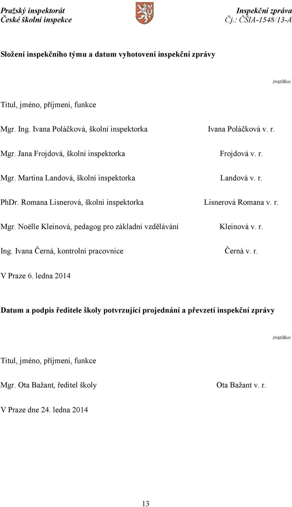 r. Mgr. Noëlle Kleinová, pedagog pro základní vzdělávání Kleinová v. r. Ing. Ivana Černá, kontrolní pracovnice Černá v. r. V Praze 6.