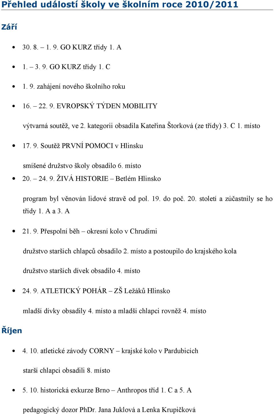 19. do poč. 20. století a zúčastnily se ho třídy 1. A a 3. A 21. 9. Přespolní běh okresní kolo v Chrudimi družstvo starších chlapců obsadilo 2.