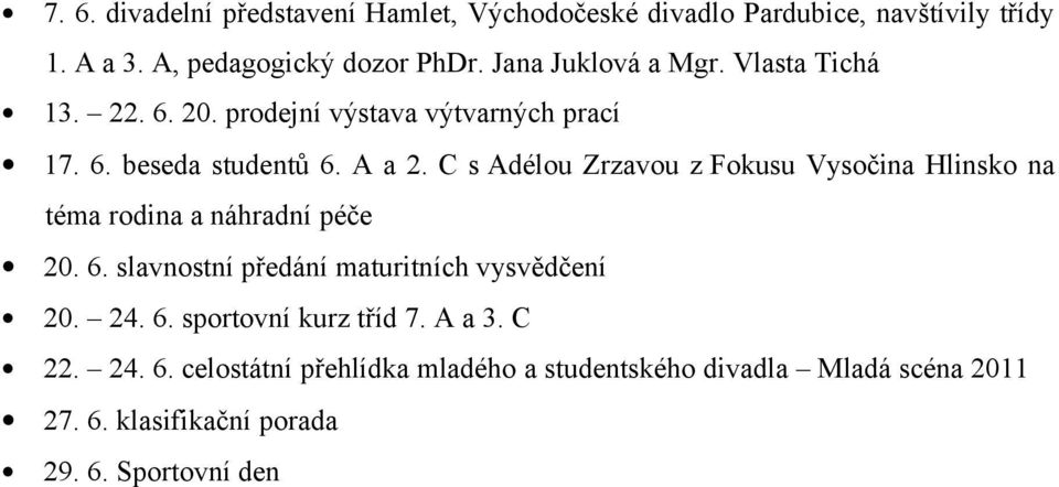 C s Adélou Zrzavou z Fokusu Vysočina Hlinsko na téma rodina a náhradní péče 20. 6. slavnostní předání maturitních vysvědčení 20. 24.