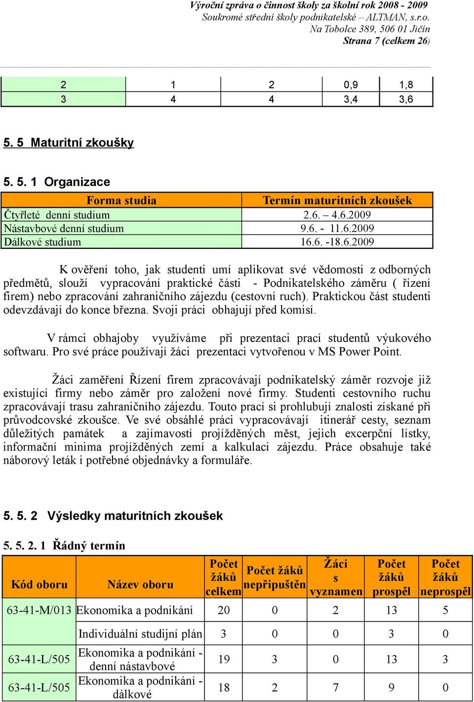 zpracování zahraničního zájezdu (cestovní ruch). Praktickou část studenti odevzdávají do konce března. Svoji práci obhajují před komisí.