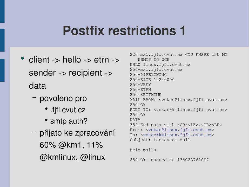 cz CTU FNSPE 1st MX ESMTP NO UCE EHLO linux.fjfi.cvut.cz 250-mx1.fjfi.cvut.cz 250-PIPELINING 250-SIZE 10240000 250-VRFY 250-ETRN 250 8BITMIME MAIL FROM: <vokac@linux.