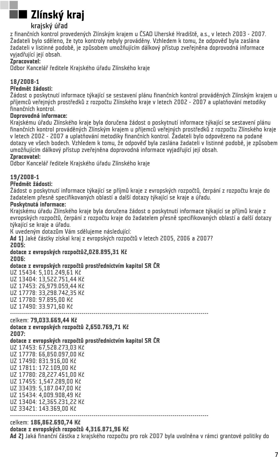18/2008-1 Žádost o poskytnutí informace týkající se sestavení plánu finančních kontrol prováděných Zlínským krajem u příjemců veřejných prostředků z rozpočtu Zlínského kraje v letech 2002-2007 a