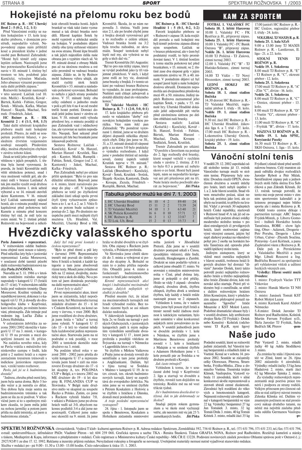 1986 a v letošním soutěžním ročníku startuje naposledy v kategorii U 17 (hráčů do 17 - ti let). V rožnovském oddíle hrála pod vedením trenérky Dany Moravcové.