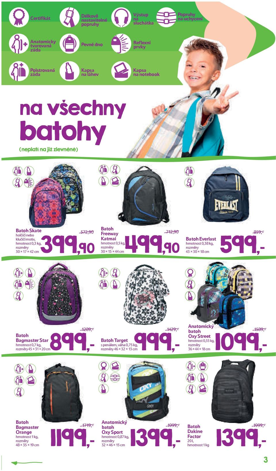 859,- 599,- Batoh Bagmaster Star hmotnost 0,7 kg, 1289,- Batoh Target 999,- s penálem, váha 0,75 kg, 899,- 45 x 31 x 20 cm 1429,- Anatomický batoh Oxy Street hmotnost 0,55 kg, 1099,- 46 x 32 x 13 cm