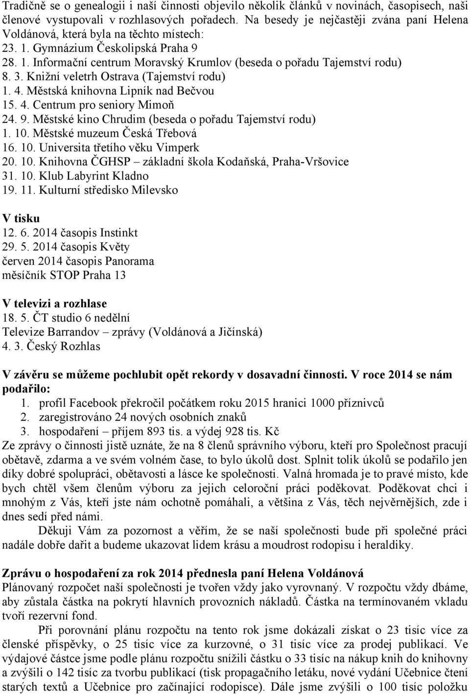 3. Knižní veletrh Ostrava (Tajemství rodu) 1. 4. Městská knihovna Lipník nad Bečvou 15. 4. Centrum pro seniory Mimoň 24. 9. Městské kino Chrudim (beseda o pořadu Tajemství rodu) 1. 10.