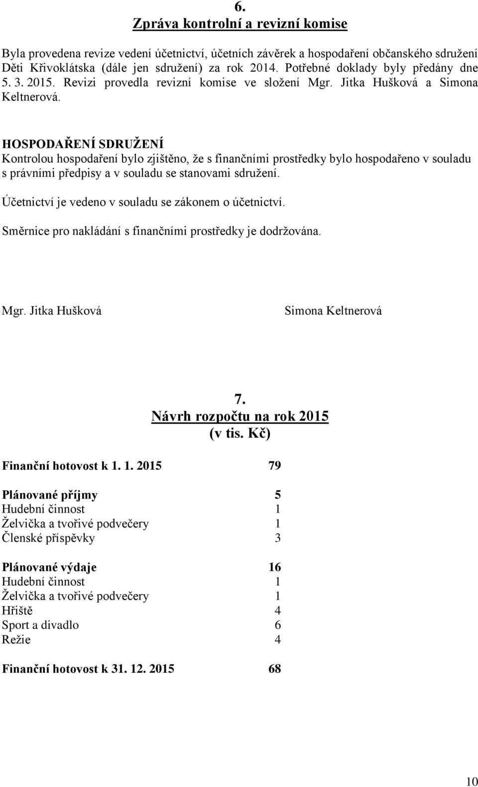 HOSPODAŘENÍ SDRUŽENÍ Kontrolou hospodaření bylo zjištěno, že s finančními prostředky bylo hospodařeno v souladu s právními předpisy a v souladu se stanovami sdružení.