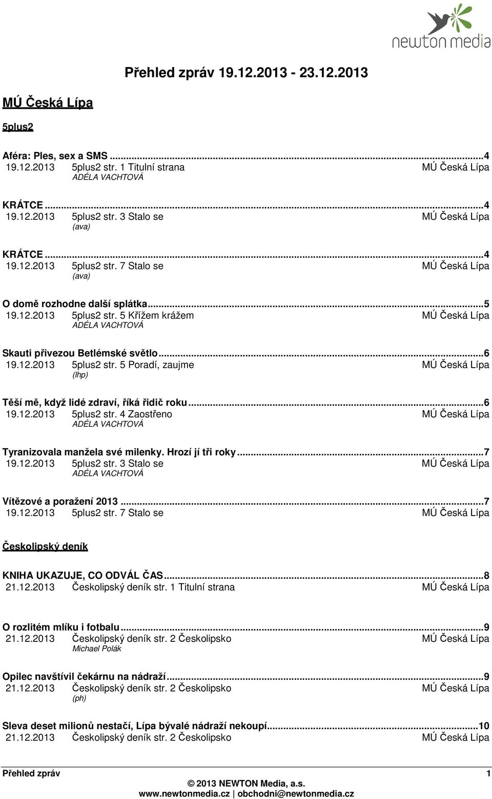 .. 6 19.12.2013 5plus2 str. 5 Poradí, zaujme MÚ Česká Lípa (lhp) Těší mě, když lidé zdraví, říká řidič roku... 6 19.12.2013 5plus2 str. 4 Zaostřeno MÚ Česká Lípa ADÉLA VACHTOVÁ Tyranizovala manžela své milenky.
