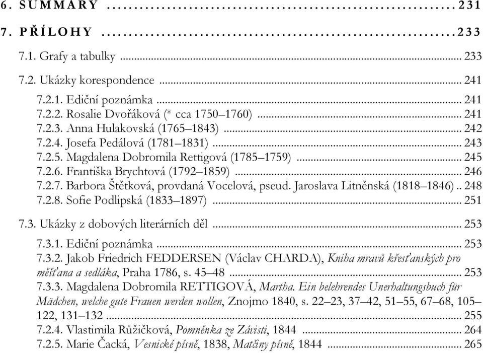 .. 243 7.2.5. Magdalena Dobromila Rettigová (1785 1759)... 245 7.2.6. Františka Brychtová (1792 1859)... 246 7.2.7. Barbora Štětková, provdaná Vocelová, pseud. Jaroslava Litněnská (1818 1846).. 248 7.