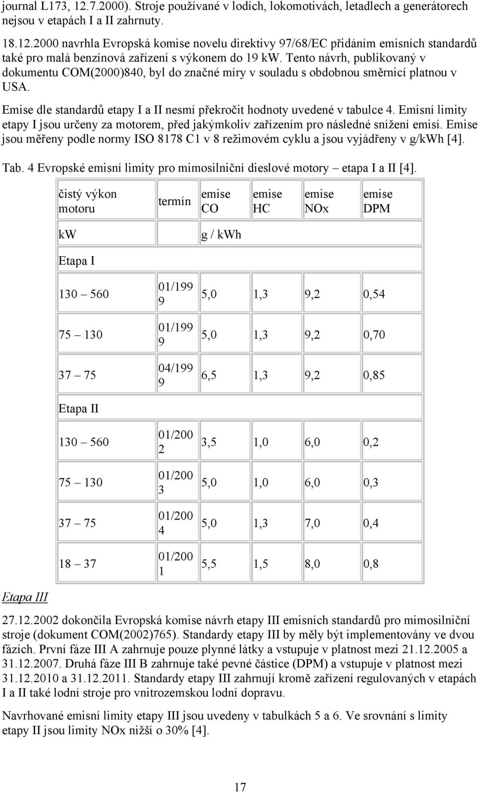 Emisní limity etapy I jsou určeny za motorem, před jakýmkoliv zařízením pro následné snížení emisí. Emise jsou měřeny podle normy ISO 8178 C1 v 8 režimovém cyklu a jsou vyjádřeny v g/kwh [4]. Tab.