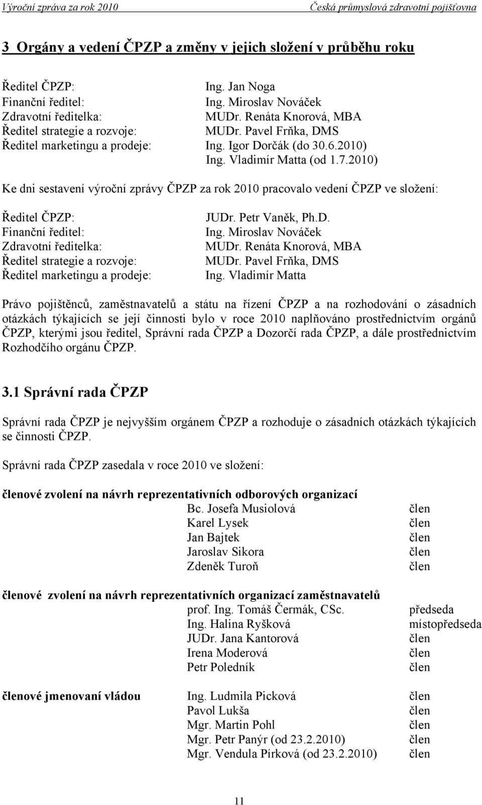 2010) Ke dni sestavení výroční zprávy ČPZP za rok 2010 pracovalo vedení ČPZP ve složení: Ředitel ČPZP: Finanční ředitel: Zdravotní ředitelka: Ředitel strategie a rozvoje: Ředitel marketingu a