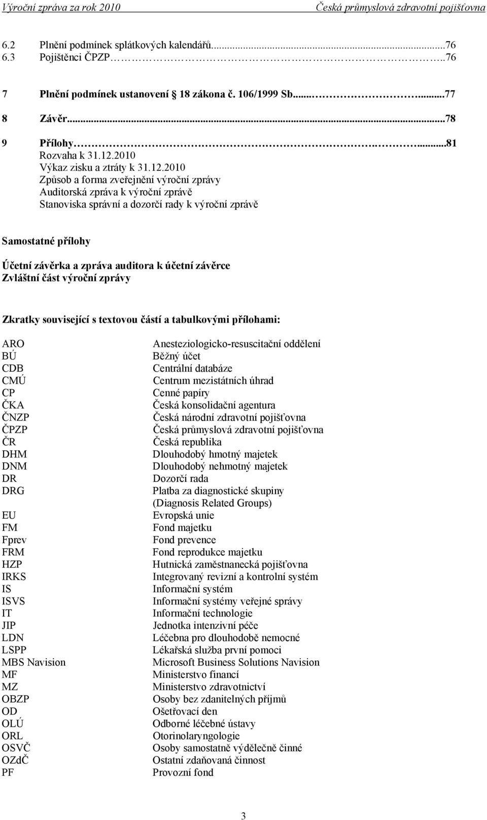 2010 Způsob a forma zveřejnění výroční zprávy Auditorská zpráva k výroční zprávě Stanoviska správní a dozorčí rady k výroční zprávě Samostatné přílohy Účetní závěrka a zpráva auditora k účetní