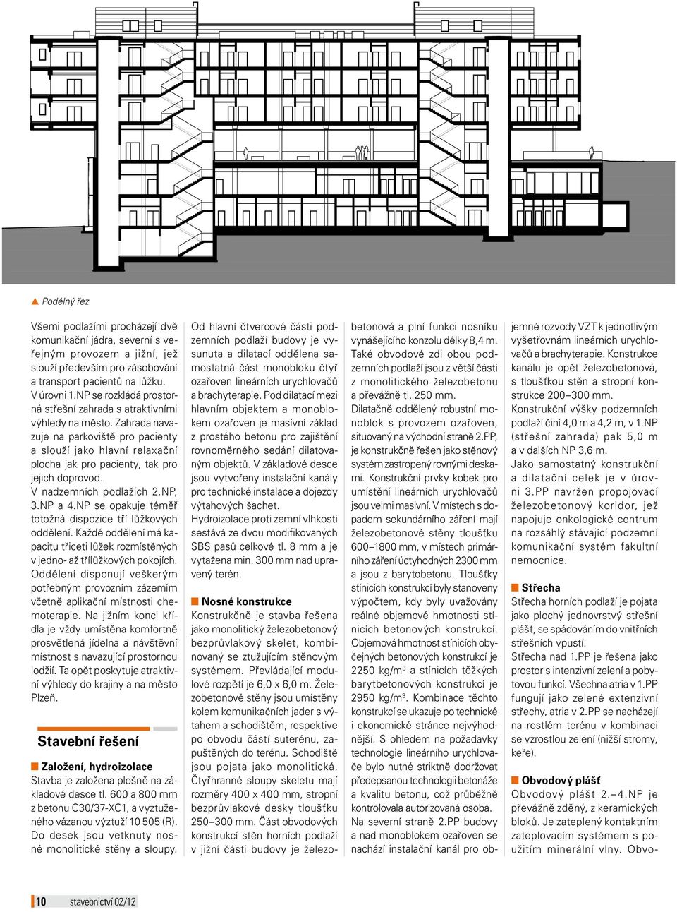 V nadzemních podlažích 2.NP, 3.NP a 4.NP se opakuje téměř totožná dispozice tří lůžkových oddělení. Každé oddělení má kapacitu třiceti lůžek rozmístěných v jedno- až třílůžkových pokojích.