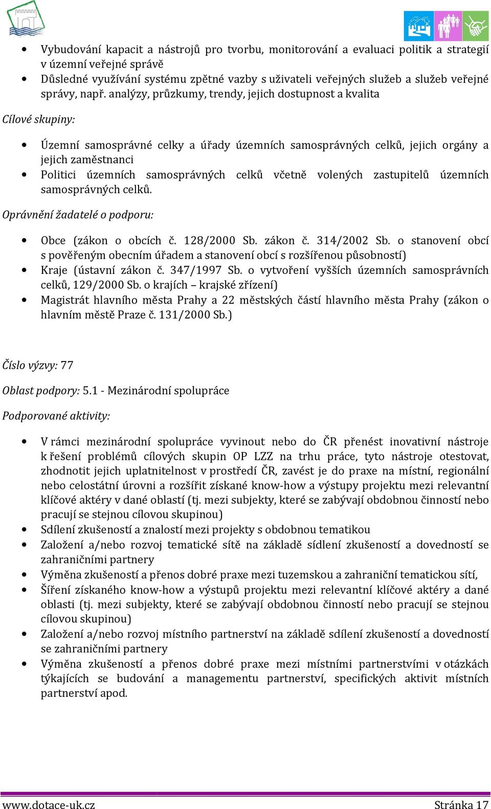 celků včetně vlených zastupitelů územních samsprávných celků. Oprávnění žadatelé pdpru: Obce (zákn bcích č. 128/2000 Sb. zákn č. 314/2002 Sb.