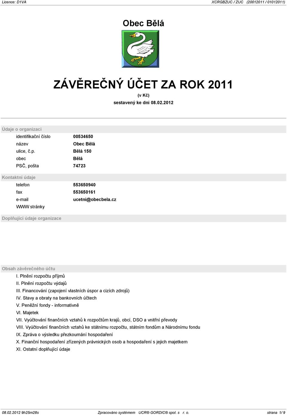 Plnění rozpočtu příjmů II. Plnění rozpočtu výdajů III. Financování (zapojení vlastních úspor a cizích zdrojů) IV. Stavy a obraty na bankovních účtech V. Peněžní fondy - informativně VI. Majetek VII.