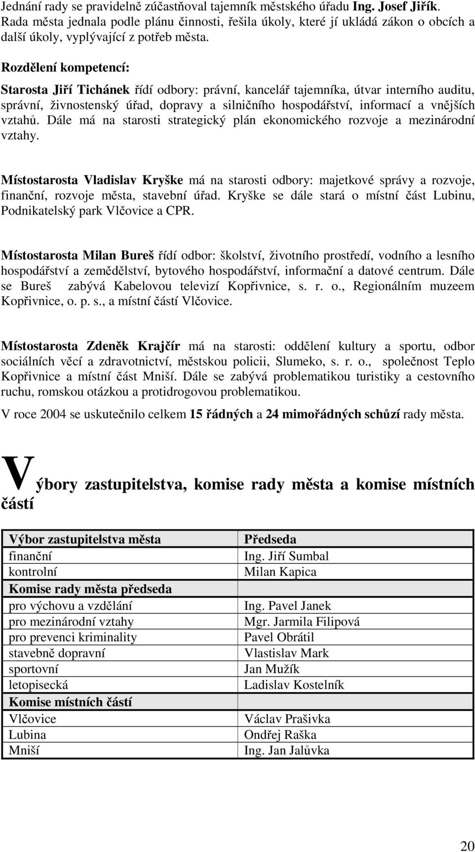 Rozdělení kompetencí: Starosta Jiří Tichánek řídí odbory: právní, kancelář tajemníka, útvar interního auditu, správní, živnostenský úřad, dopravy a silničního hospodářství, informací a vnějších