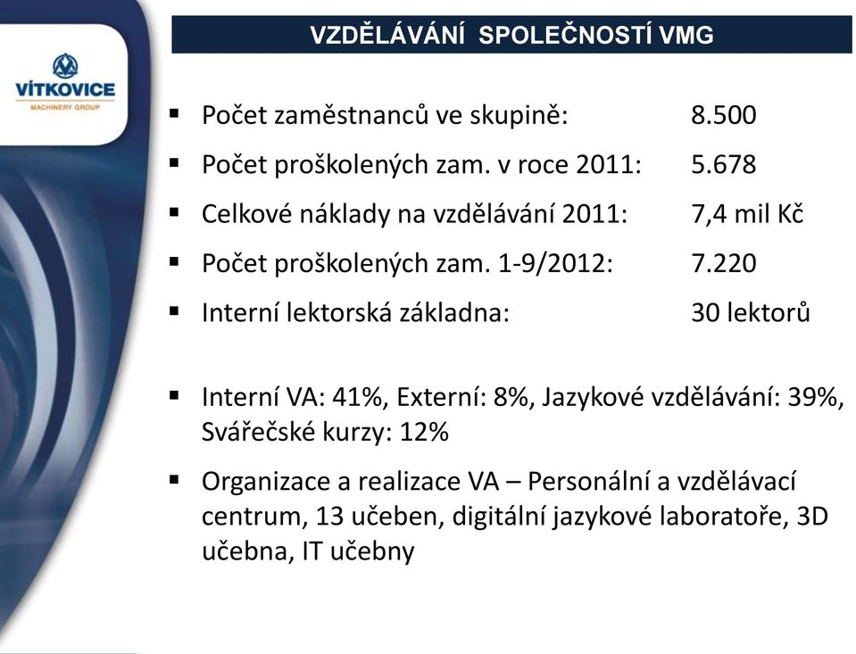 220 Interní lektorská základna: 30 lektorů Interní VA: 41%, Externí: 8%, Jazykové vzdělávání: 39%,