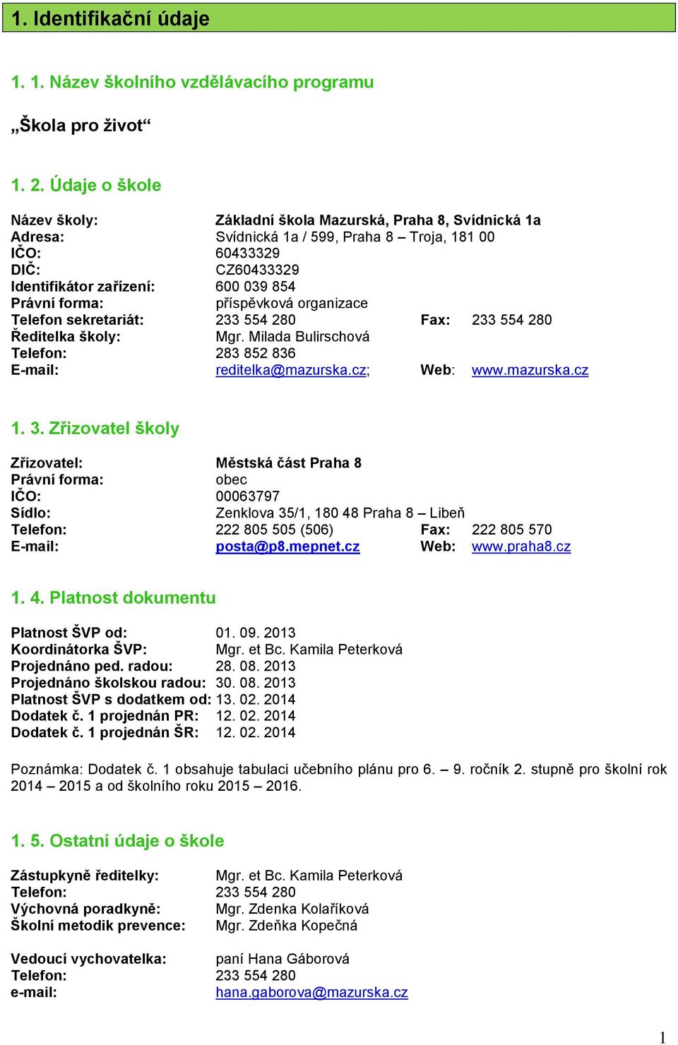 forma: příspěvková organizace Telefon sekretariát: 233 554 280 Fax: 233 554 280 Ředitelka školy: Mgr. Milada Bulirschová Telefon: 283 852 836 E-mail: reditelka@mazurska.cz; Web: www.mazurska.cz 1. 3.