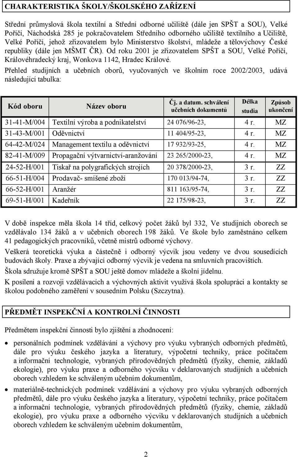 Od roku 2001 je zřizovatelem SPŠT a SOU, Velké Poříčí, Královéhradecký kraj, Wonkova 1142, Hradec Králové.