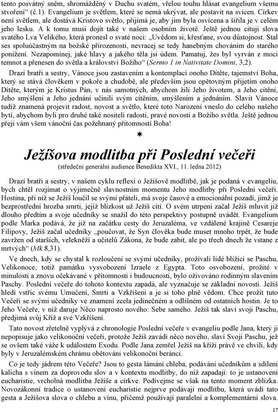 Ještě jednou cituji slova svatého Lva Velikého, která pronesl o svaté noci: Uvědom si, křesťane, svou důstojnost.