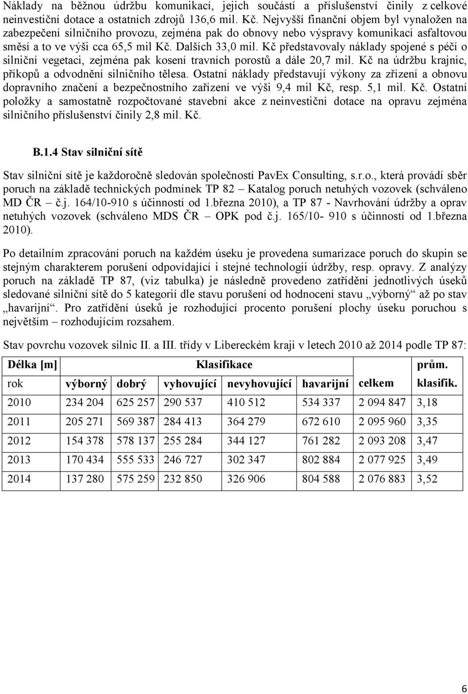 Kč představovaly náklady spojené s péčí o silniční vegetaci, zejména pak kosení travních porostů a dále 20,7 mil. Kč na údržbu krajnic, příkopů a odvodnění silničního tělesa.