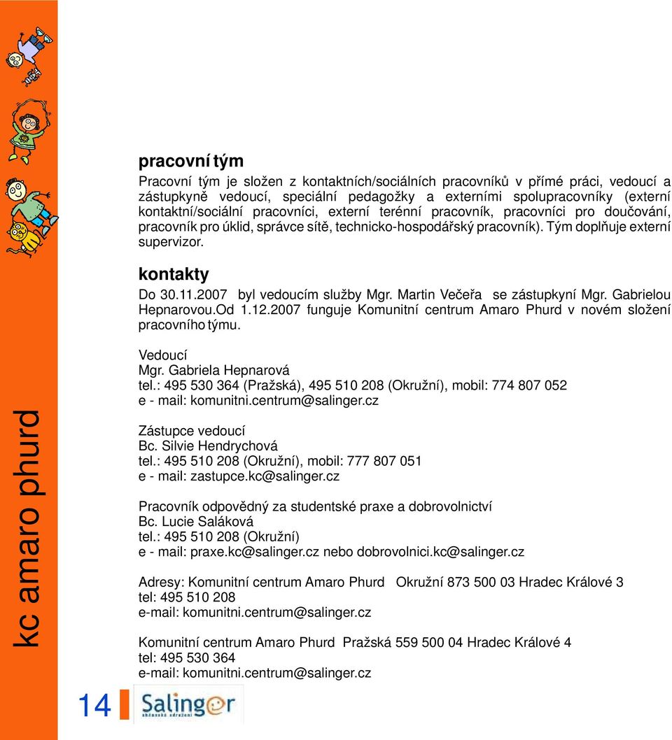 kontakty Do 30.11.2007 byl vedoucím služby Mgr. Martin Večeřa se zástupkyní Mgr. Gabrielou Hepnarovou.Od 1.12.2007 funguje Komunitní centrum Amaro Phurd v novém složení pracovního týmu. Vedoucí Mgr.