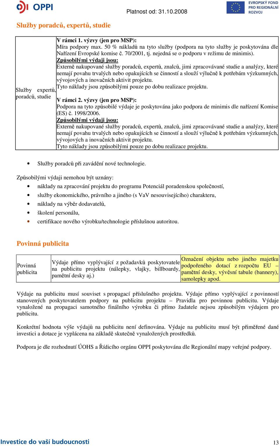 Způsobilými výdaji jsou: Externě nakupované služby poradců, expertů, znalců, jimi zpracovávané studie a analýzy, které nemají povahu trvalých nebo opakujících se činností a slouží výlučně k potřebám