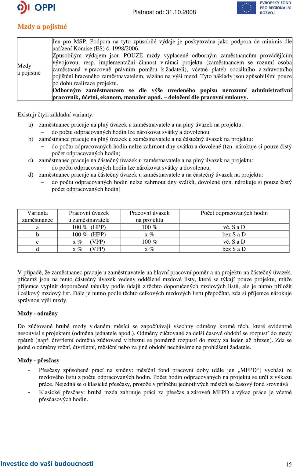 implementační činnost v rámci projektu (zaměstnancem se rozumí osoba zaměstnaná v pracovně právním poměru k žadateli), včetně plateb sociálního a zdravotního pojištění hrazeného zaměstnavatelem,