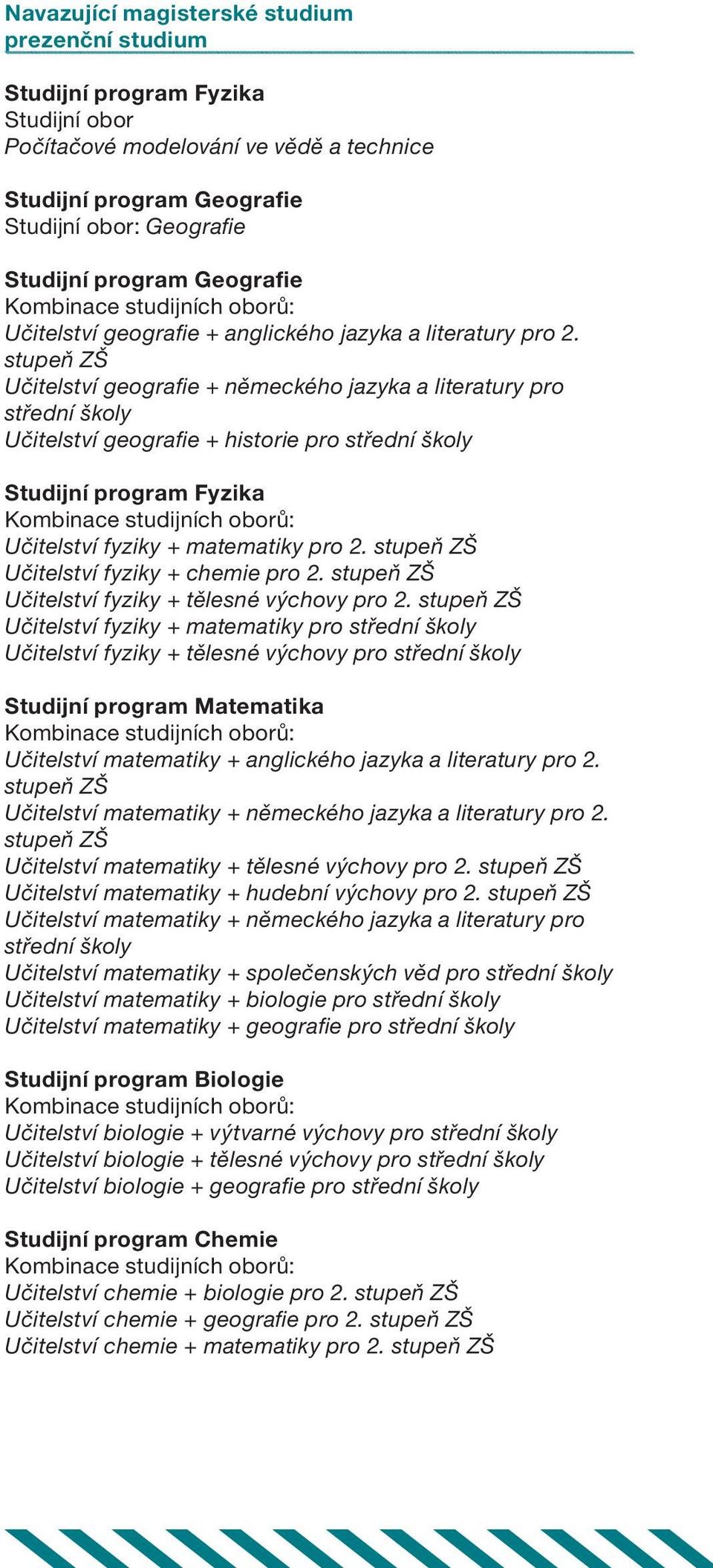 stupeň ZŠ Učitelství geografie + německého jazyka a literatury pro střední školy Učitelství geografie + historie pro střední školy Studijní program Fyzika Učitelství fyziky + matematiky pro 2.