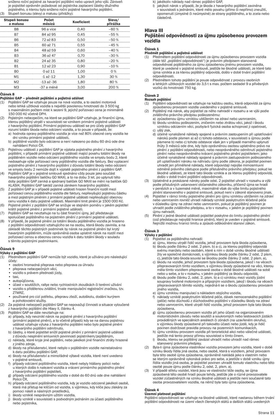 (3) Stupeň bonusu (slevy) a malusu (přirážky): Stupeň bonusu a malusu Počet měsíců Koeficient Sleva/ přirážka B8 96 a více 0,40 60 % B7 84 až 95 0,45 55 % B6 72 až 83 0,50 50 % B5 60 až 71 0,55 45 %