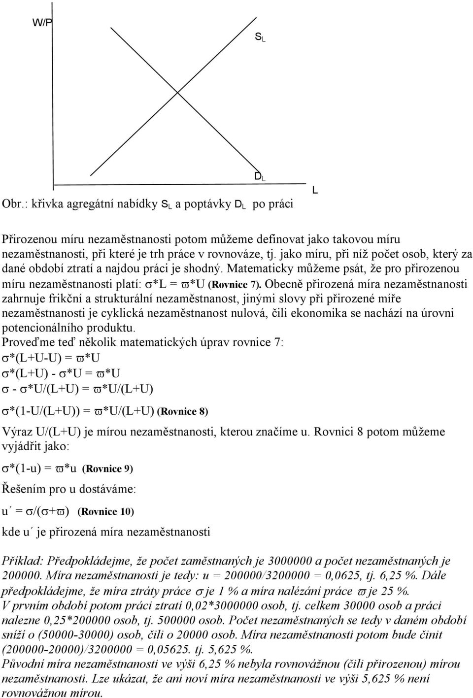 jako míru, při níž počet osob, který za dané období ztratí a najdou práci je shodný. Matematicky můžeme psát, že pro přirozenou míru nezaměstnanosti platí: σ*l = ϖ*u (Rovnice 7).